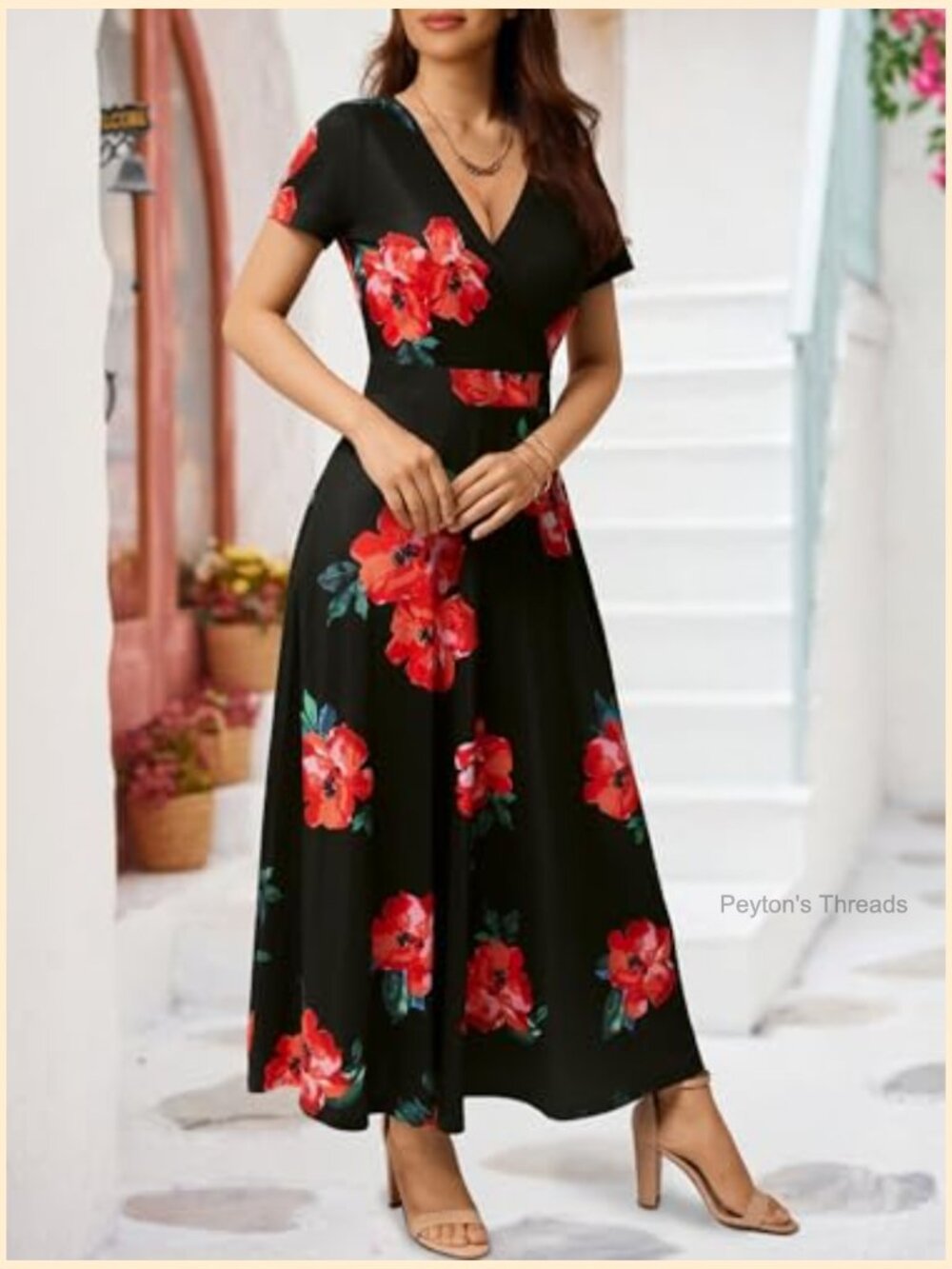 Women's Short Sleeve Wrap V Neck Maxi Sundress with Pockets Boho - Picture 5 of 6
